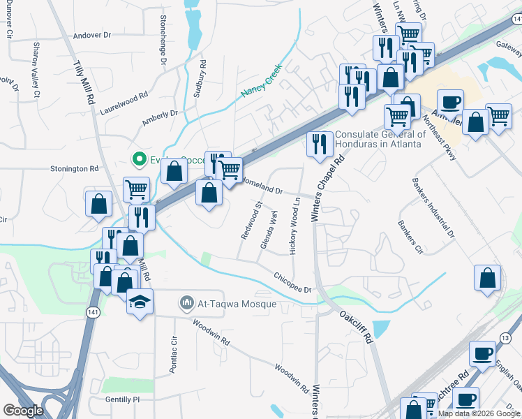 map of restaurants, bars, coffee shops, grocery stores, and more near 4413 Redwood Street in Doraville