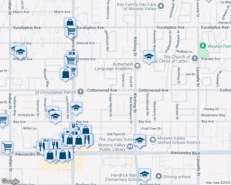 map of restaurants, bars, coffee shops, grocery stores, and more near 13524 Red Mahogany Drive in Moreno Valley