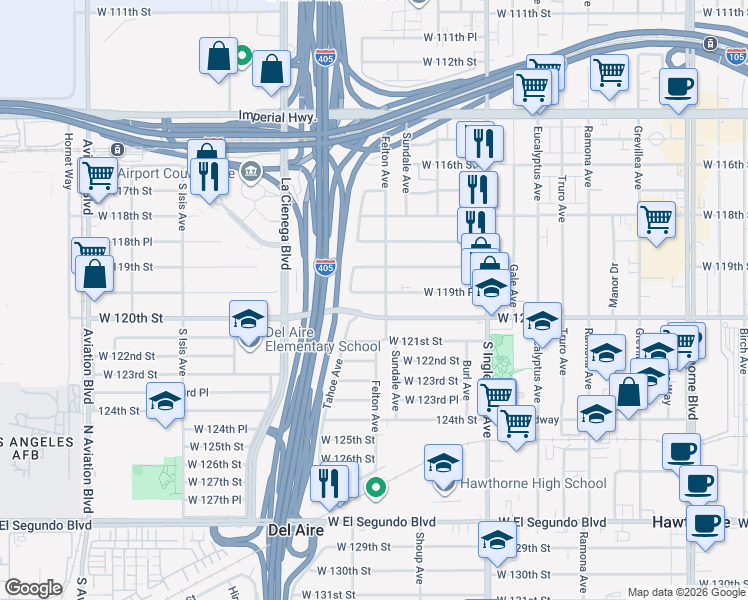 map of restaurants, bars, coffee shops, grocery stores, and more near 5010 West 119th Place in Hawthorne