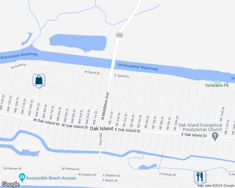 map of restaurants, bars, coffee shops, grocery stores, and more near 146 Northeast 1st Street in Oak Island