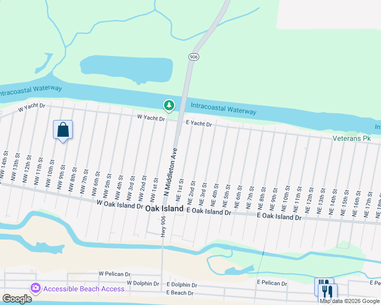 map of restaurants, bars, coffee shops, grocery stores, and more near 138-146 Northeast 1st Street in Oak Island