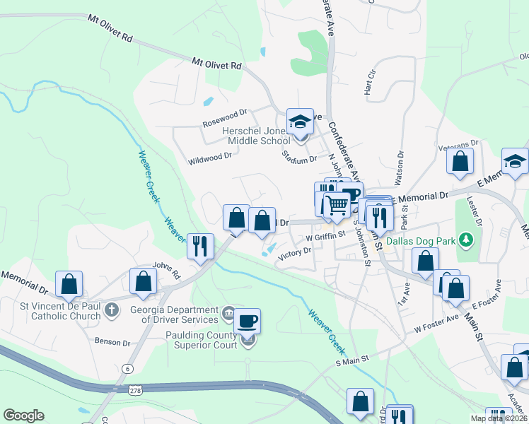 map of restaurants, bars, coffee shops, grocery stores, and more near 413 West Memorial Drive in Dallas