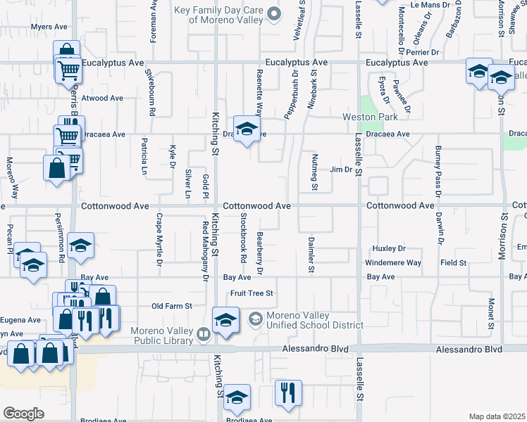 map of restaurants, bars, coffee shops, grocery stores, and more near 13508 Bearberry Drive in Moreno Valley