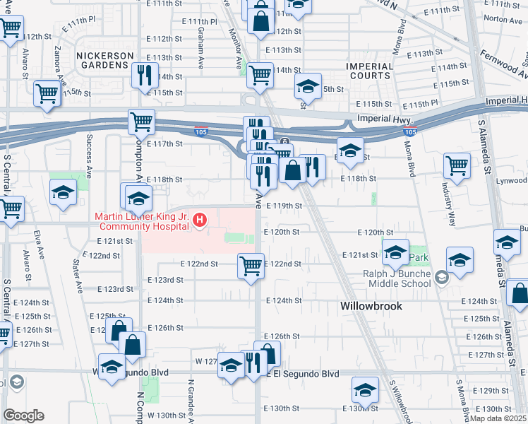 map of restaurants, bars, coffee shops, grocery stores, and more near in Willowbrook