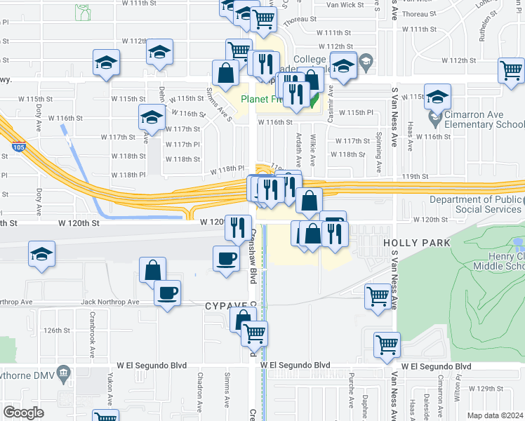 map of restaurants, bars, coffee shops, grocery stores, and more near 2909 West 120th Street in Hawthorne