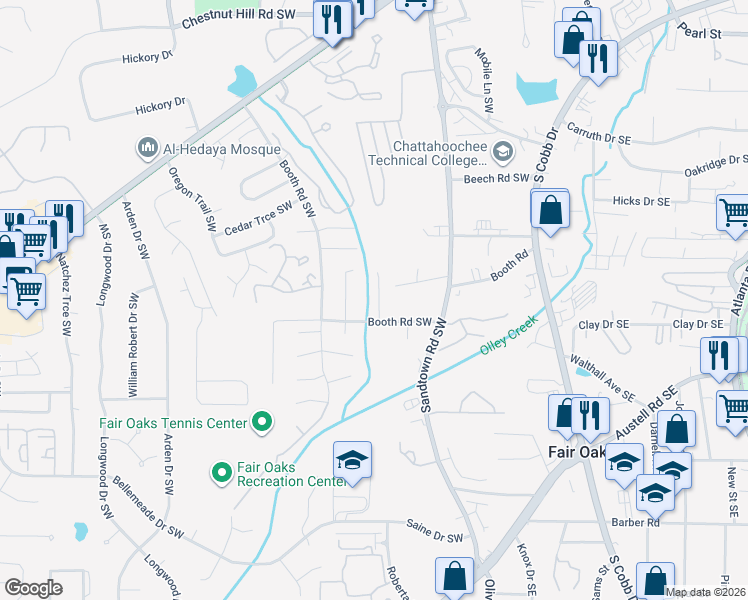 map of restaurants, bars, coffee shops, grocery stores, and more near 1132 Booth Court Southwest in Marietta