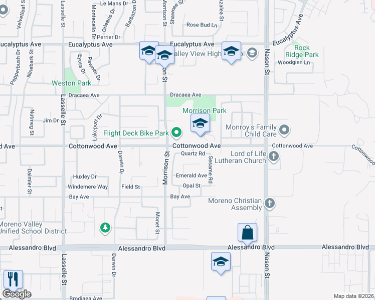map of restaurants, bars, coffee shops, grocery stores, and more near 26584 Quartz Road in Moreno Valley