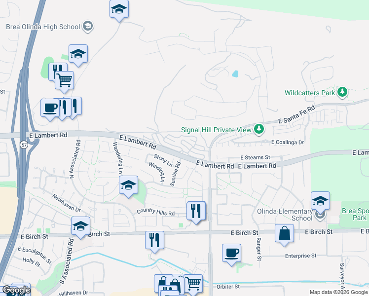 map of restaurants, bars, coffee shops, grocery stores, and more near 2457 Morning Dew Drive in Brea