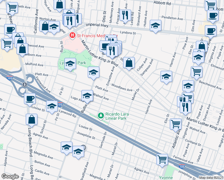 map of restaurants, bars, coffee shops, grocery stores, and more near 3907 Platt Avenue in Lynwood
