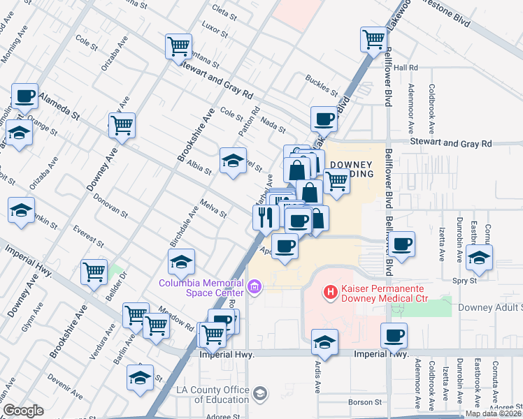map of restaurants, bars, coffee shops, grocery stores, and more near 12148 Marbel Avenue in Downey