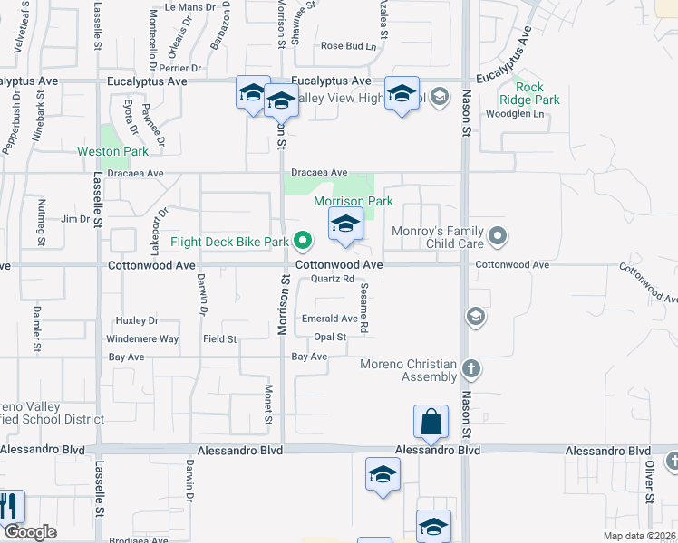 map of restaurants, bars, coffee shops, grocery stores, and more near 26620 Quartz Road in Moreno Valley