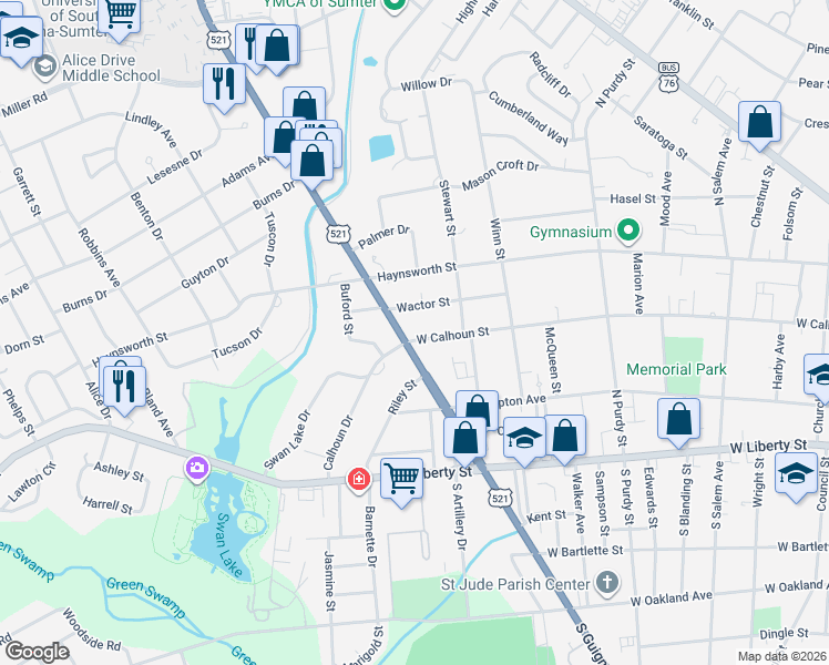 map of restaurants, bars, coffee shops, grocery stores, and more near 544 West Calhoun Street in Sumter