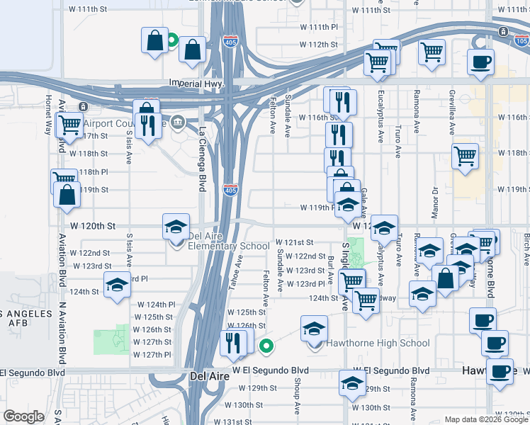 map of restaurants, bars, coffee shops, grocery stores, and more near 5010 West 119th Place in Hawthorne