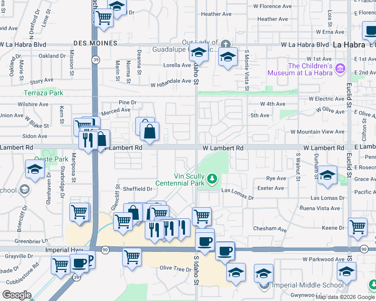 map of restaurants, bars, coffee shops, grocery stores, and more near 1200 West Lambert Road in La Habra