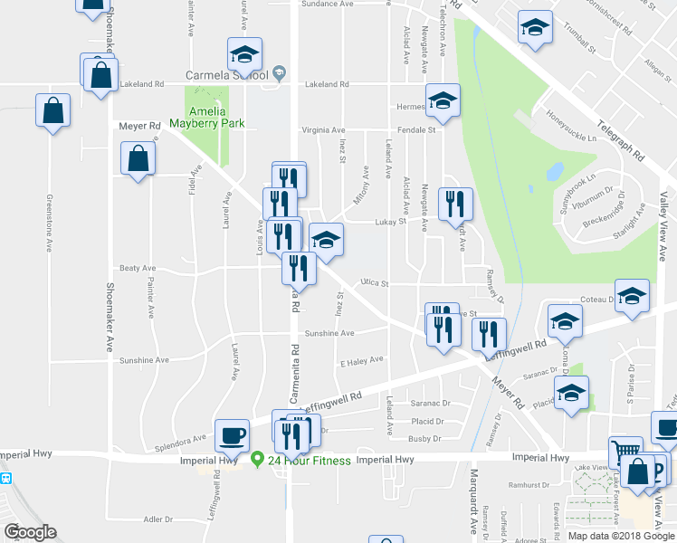 map of restaurants, bars, coffee shops, grocery stores, and more near 13481 Meyer Road in Whittier