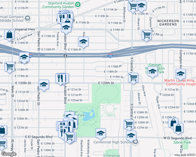 map of restaurants, bars, coffee shops, grocery stores, and more near 826 East 119th Street in Los Angeles