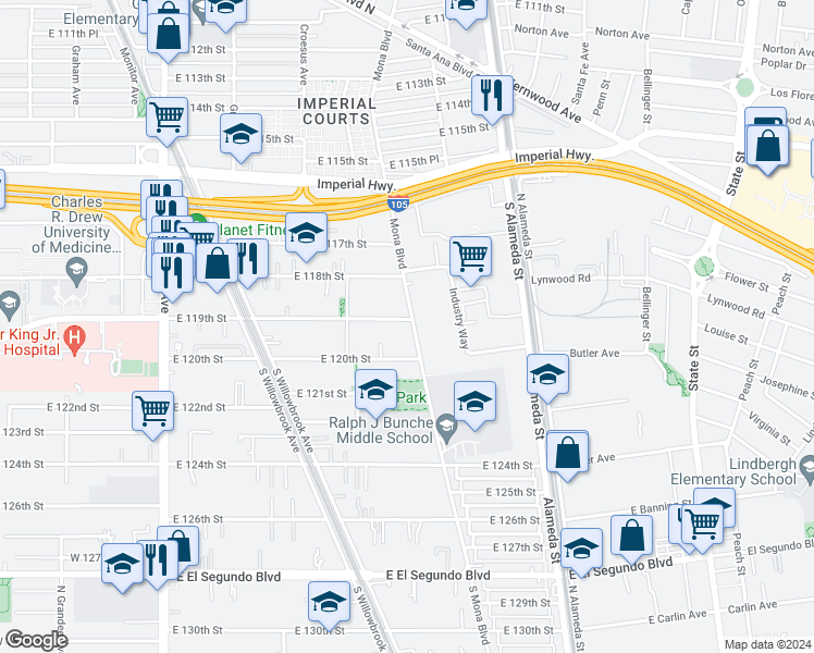 map of restaurants, bars, coffee shops, grocery stores, and more near 2366 East 119th Street in Los Angeles