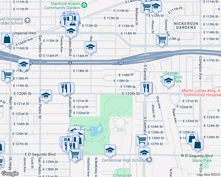 map of restaurants, bars, coffee shops, grocery stores, and more near 843 East 120th Street in Los Angeles