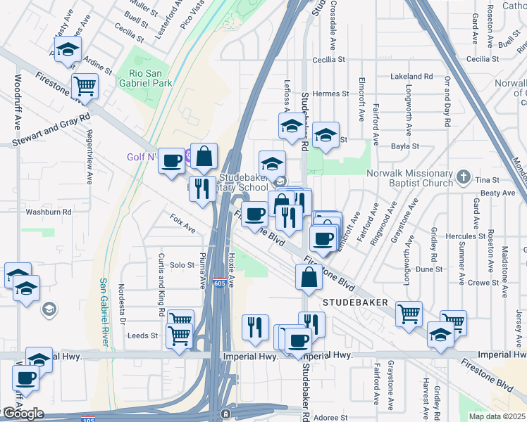 map of restaurants, bars, coffee shops, grocery stores, and more near 10853 Firestone Boulevard in Norwalk
