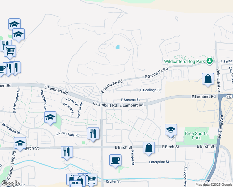 map of restaurants, bars, coffee shops, grocery stores, and more near 2700 East Coalinga Drive in Brea