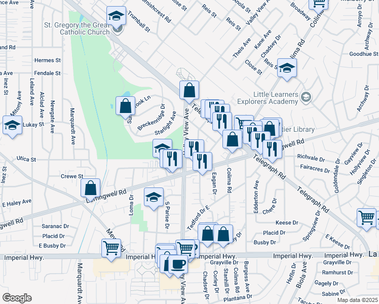 map of restaurants, bars, coffee shops, grocery stores, and more near 11628 Valley View Avenue in Whittier