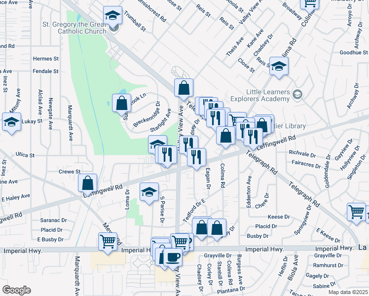 map of restaurants, bars, coffee shops, grocery stores, and more near 11716 Valley View Avenue in Whittier