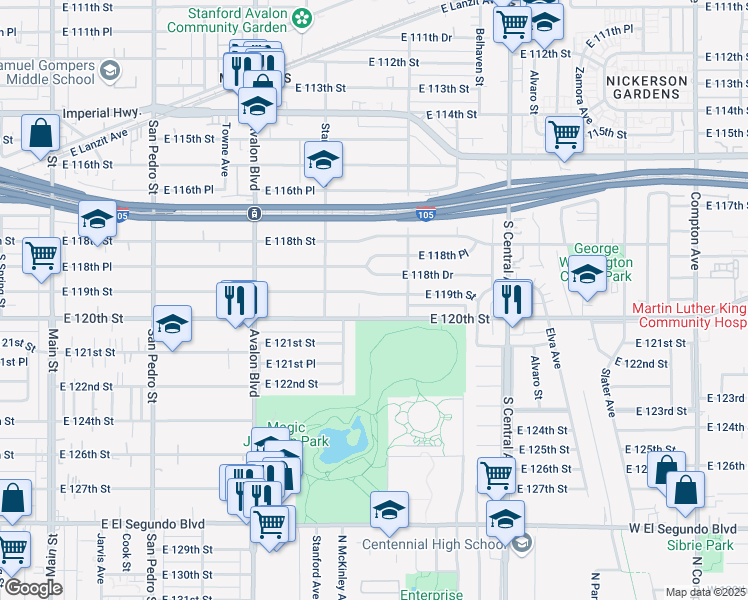 map of restaurants, bars, coffee shops, grocery stores, and more near 843 East 120th Street in Los Angeles