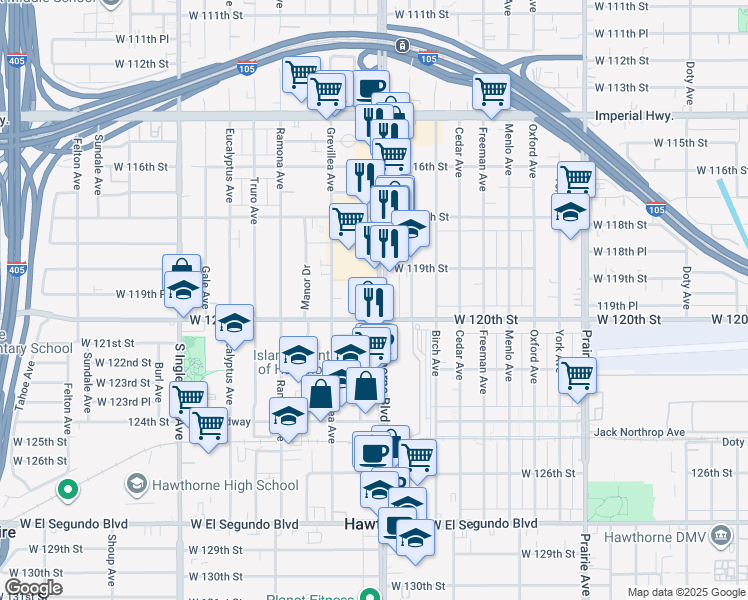 map of restaurants, bars, coffee shops, grocery stores, and more near 11983 Hawthorne Boulevard in Hawthorne