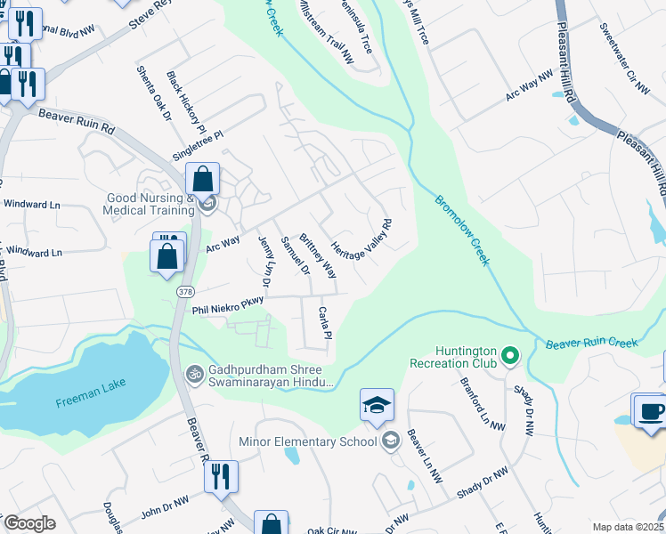 map of restaurants, bars, coffee shops, grocery stores, and more near 1109 Brittney Way in Norcross