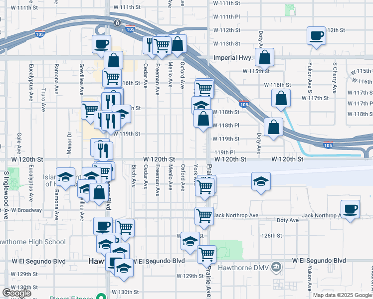 map of restaurants, bars, coffee shops, grocery stores, and more near 11981 York Avenue in Hawthorne