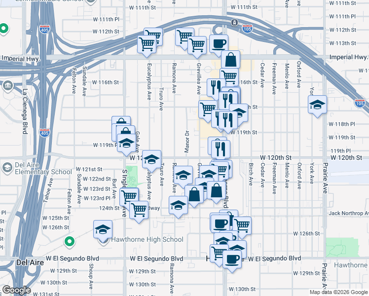 map of restaurants, bars, coffee shops, grocery stores, and more near 11963 Manor Drive in Hawthorne