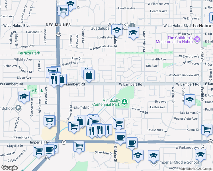 map of restaurants, bars, coffee shops, grocery stores, and more near 1300 West Lambert Road in La Habra