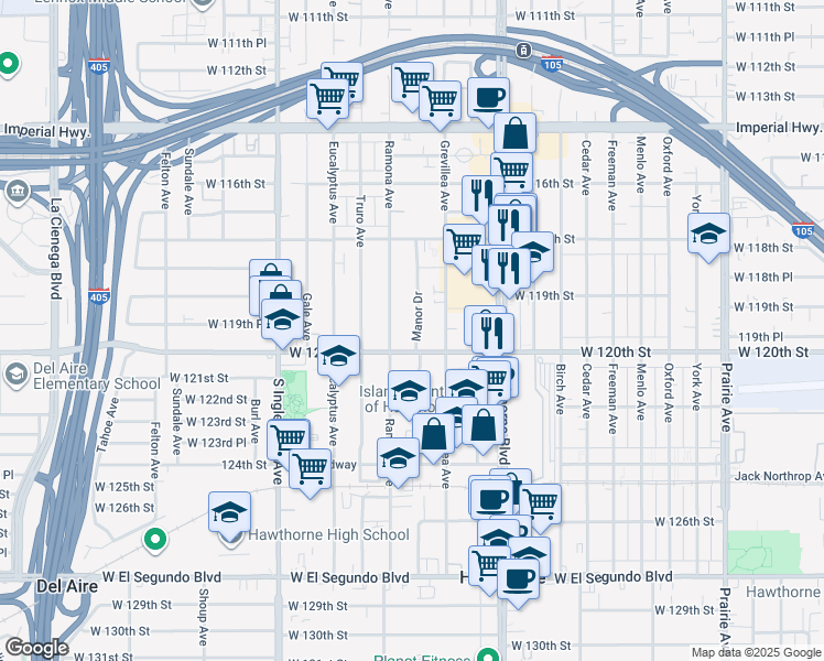 map of restaurants, bars, coffee shops, grocery stores, and more near 11977 Manor Drive in Hawthorne