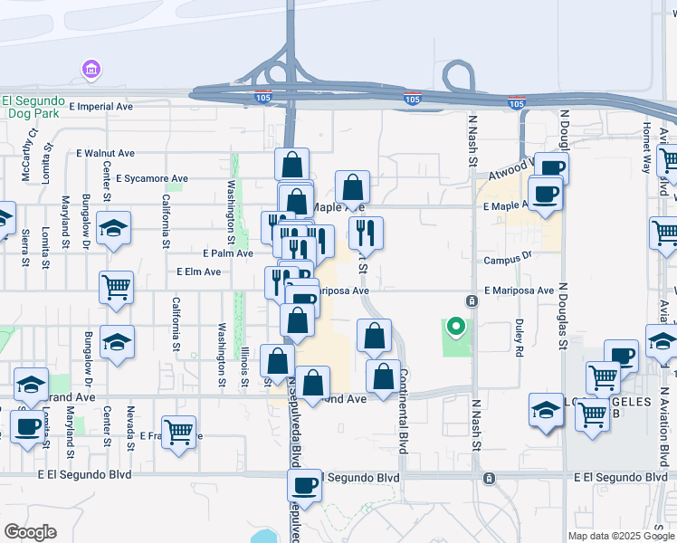 map of restaurants, bars, coffee shops, grocery stores, and more near 601 Lairport St in El Segundo