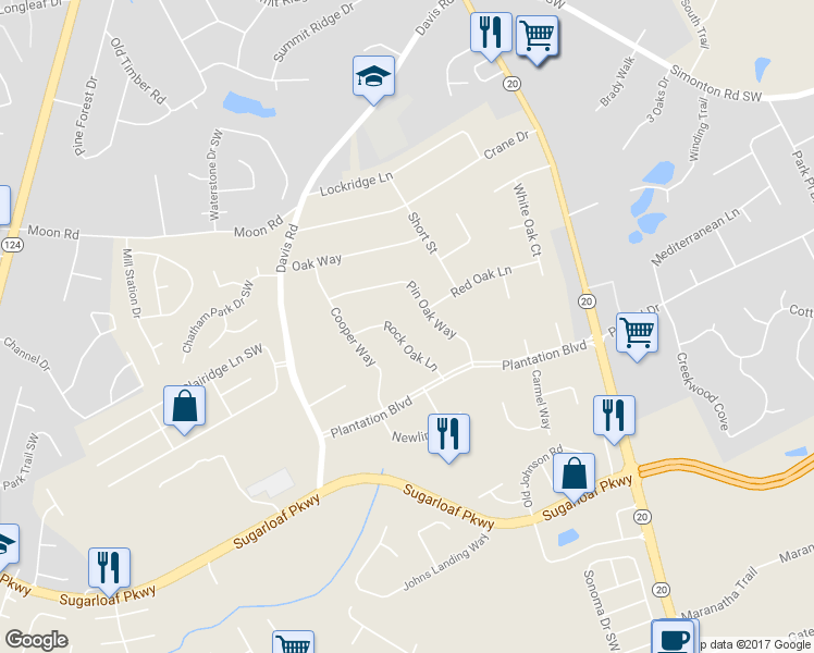 map of restaurants, bars, coffee shops, grocery stores, and more near 919 Rock Oak Lane in Lawrenceville
