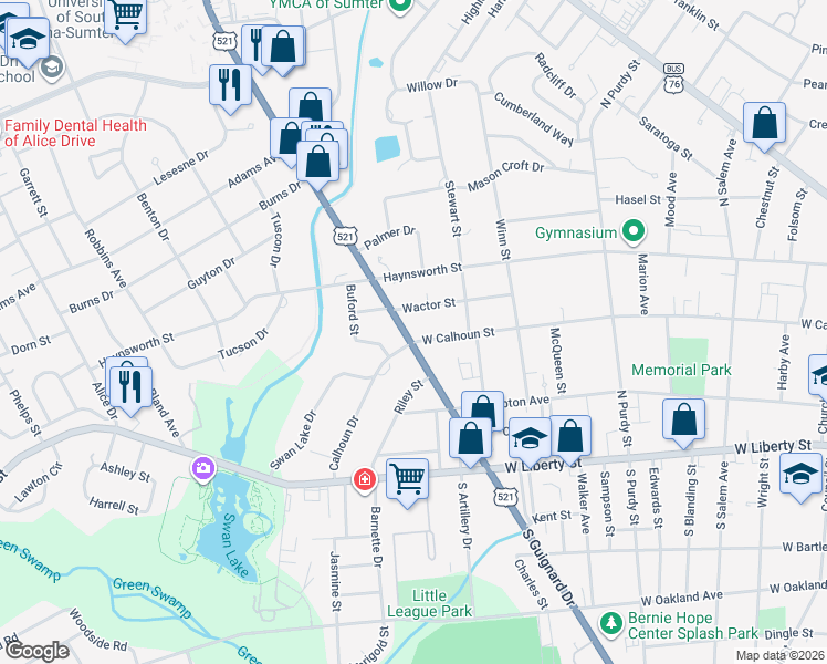map of restaurants, bars, coffee shops, grocery stores, and more near 544 West Calhoun Street in Sumter