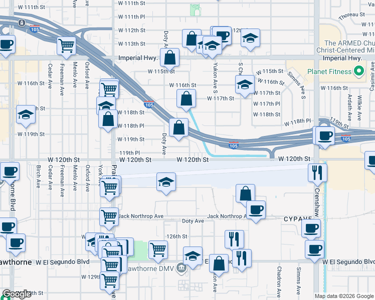 map of restaurants, bars, coffee shops, grocery stores, and more near 3700 119th Place in Hawthorne