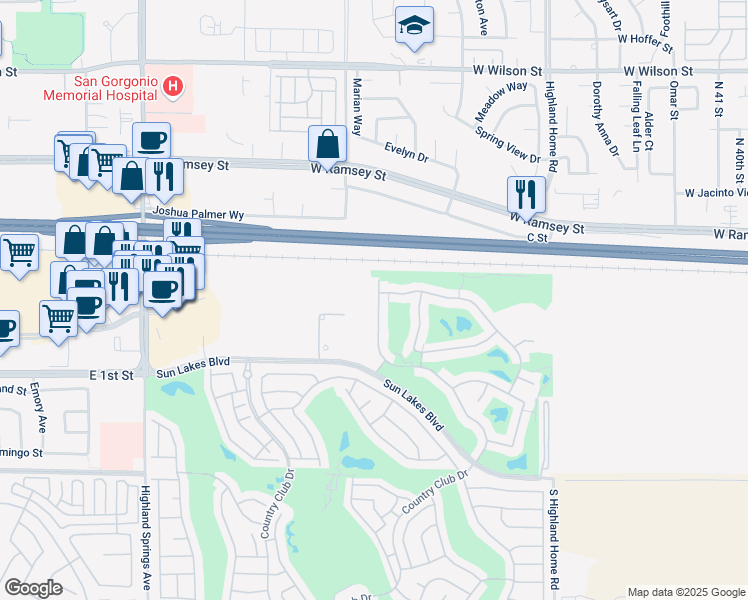 map of restaurants, bars, coffee shops, grocery stores, and more near 375 Northwood Avenue in Banning