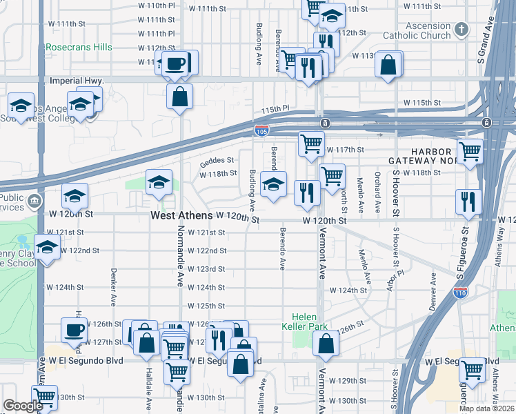 map of restaurants, bars, coffee shops, grocery stores, and more near 11937 Budlong Avenue in Los Angeles