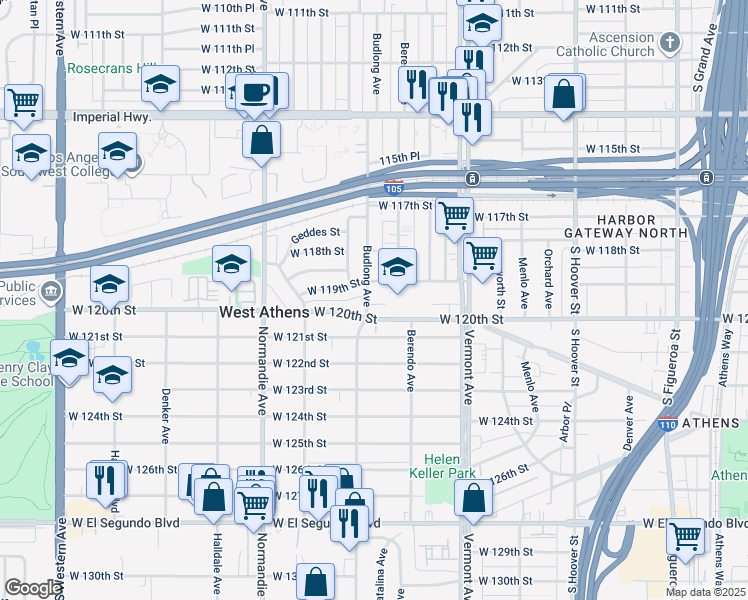 map of restaurants, bars, coffee shops, grocery stores, and more near 1145 West 119th Place in Los Angeles
