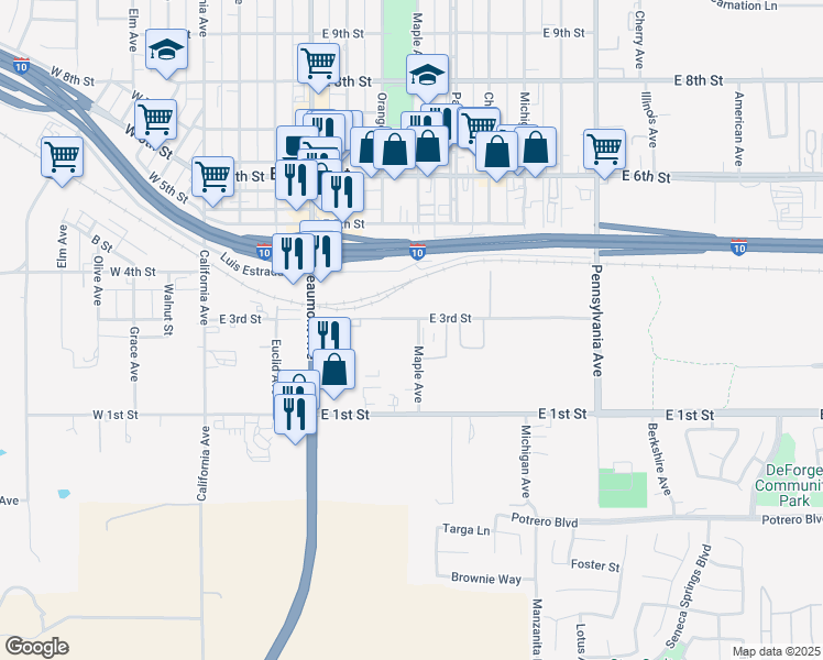map of restaurants, bars, coffee shops, grocery stores, and more near 671 East 3rd Street in Beaumont