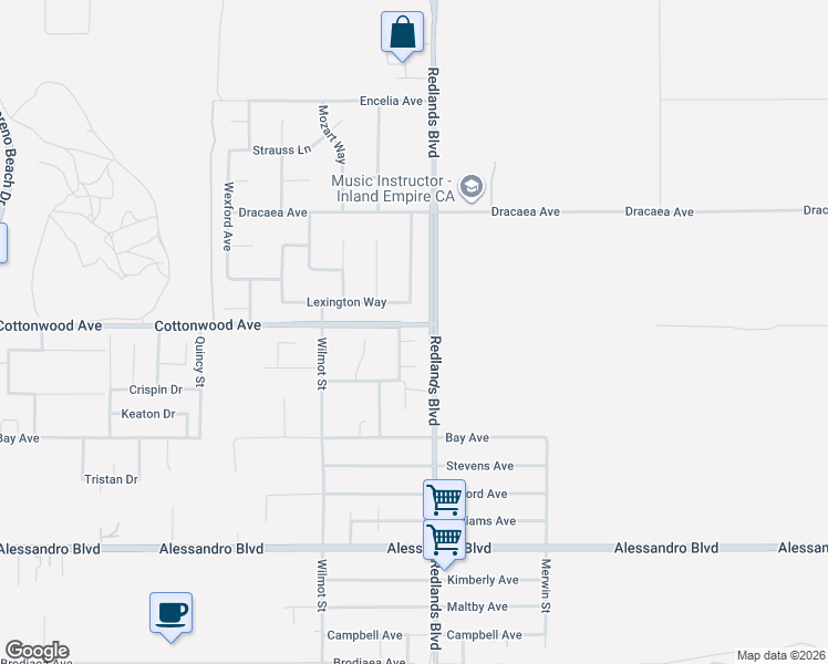 map of restaurants, bars, coffee shops, grocery stores, and more near 28953 Kenda Court in Moreno Valley