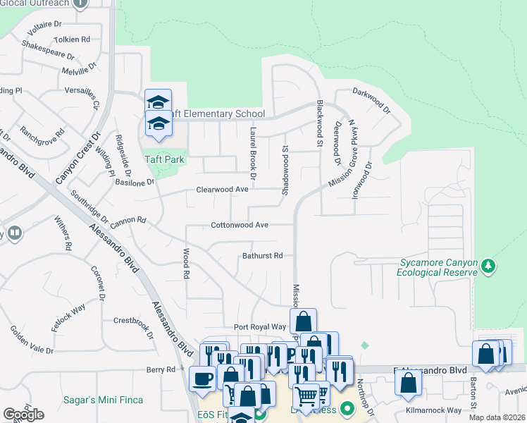 map of restaurants, bars, coffee shops, grocery stores, and more near 254 Cottonwood Avenue in Riverside