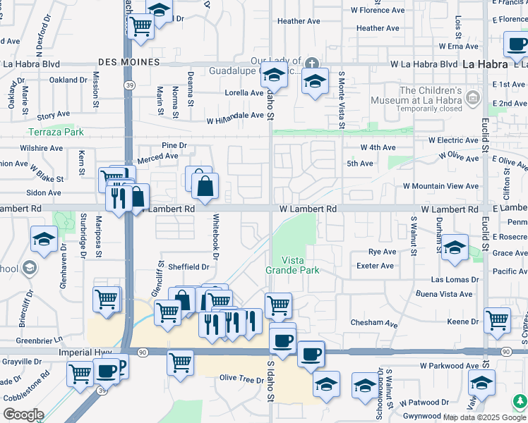 map of restaurants, bars, coffee shops, grocery stores, and more near 1200 West Lambert Road in La Habra