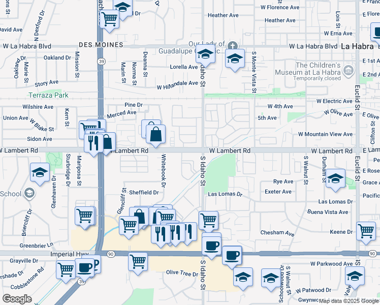 map of restaurants, bars, coffee shops, grocery stores, and more near 1200 West Lambert Road in La Habra