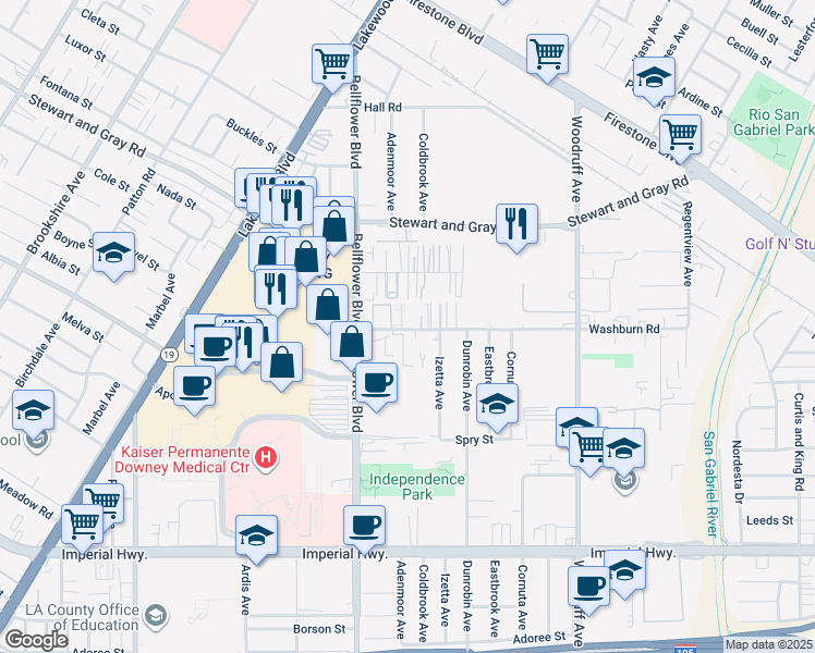 map of restaurants, bars, coffee shops, grocery stores, and more near 9250 Washburn Road in Downey