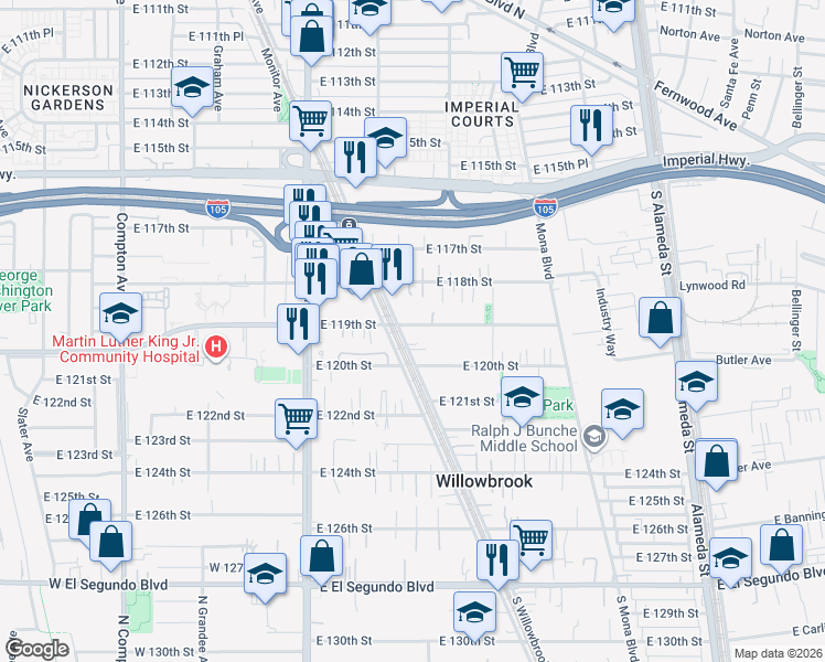 map of restaurants, bars, coffee shops, grocery stores, and more near 2130 East 119th Street in Los Angeles