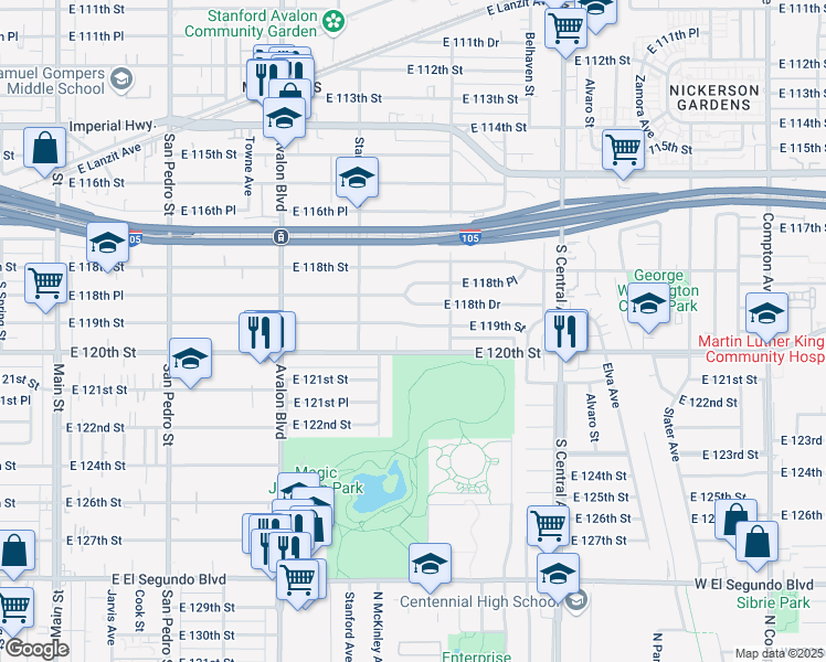 map of restaurants, bars, coffee shops, grocery stores, and more near 843 East 120th Street in Los Angeles