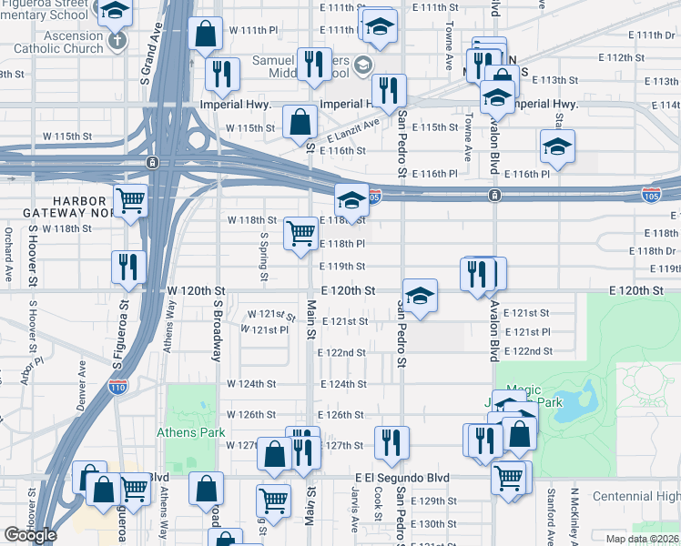 map of restaurants, bars, coffee shops, grocery stores, and more near 153 East 120th Street in Los Angeles