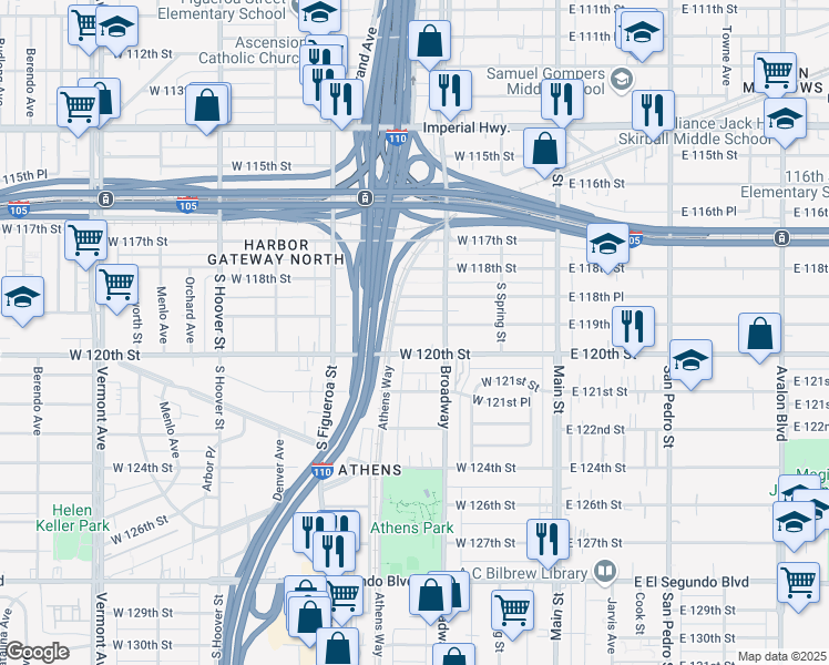 map of restaurants, bars, coffee shops, grocery stores, and more near 332 West 119th Street in Los Angeles
